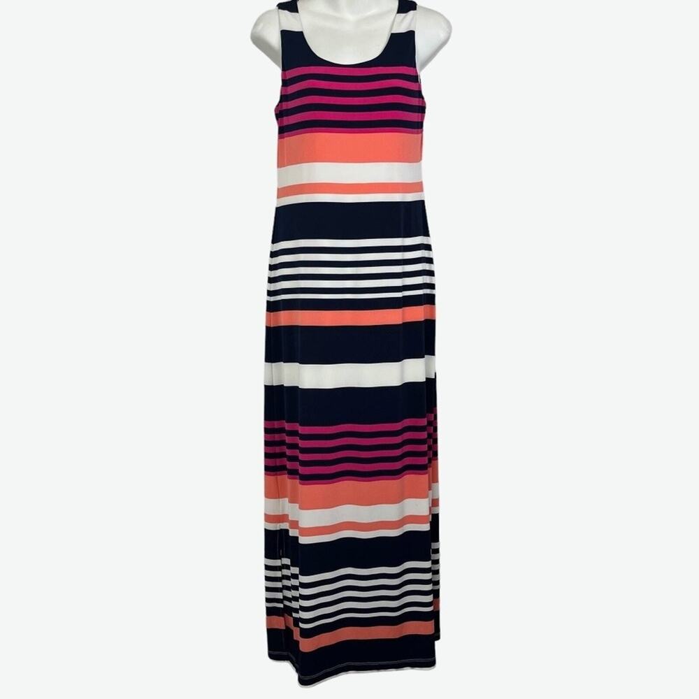JESSICA HOWARD Stripe Navy Blue Pink Sleeveless Maxi Jersey Knit Stretch Dress S